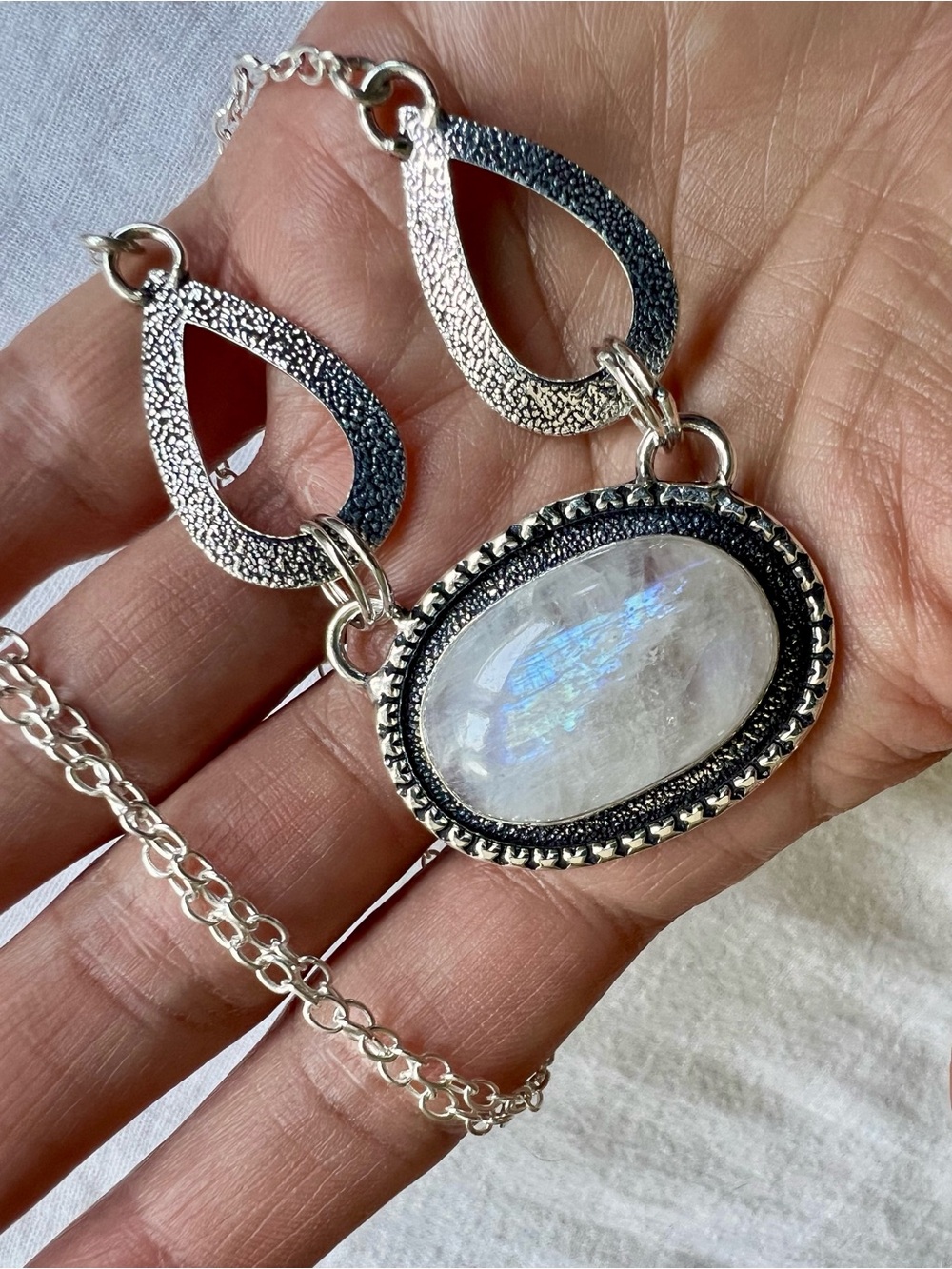 925 Rainbow Flash Moonstone Statement Necklace